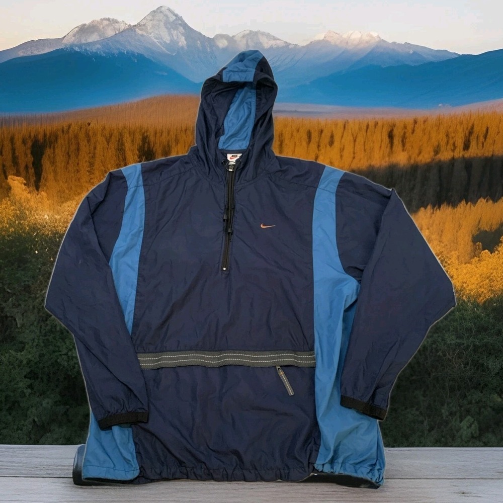 Vintage 90s Nike Anorak Jacket Blue 1/2 Zip Pull Over Orange Swoosh Hooded XL